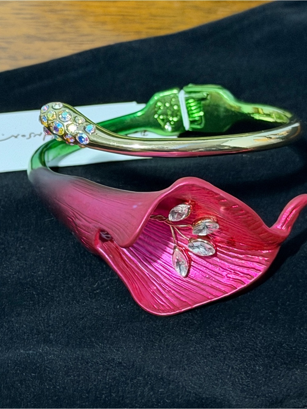 Betsey Johnson Pink Floral Enamel Bangle with Green and Gold Accents